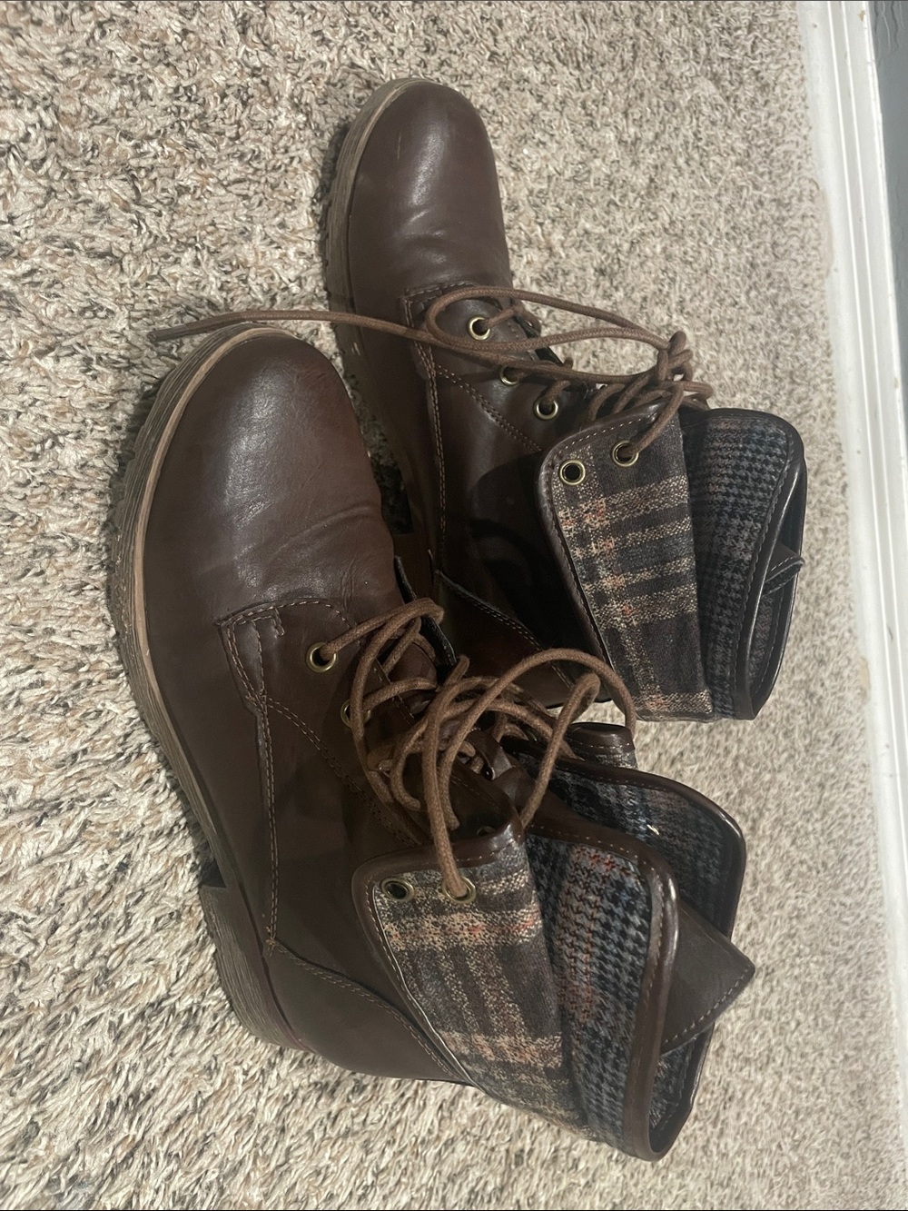 Nine West Brown Lace-Up Foldover Plaid Collar Boots